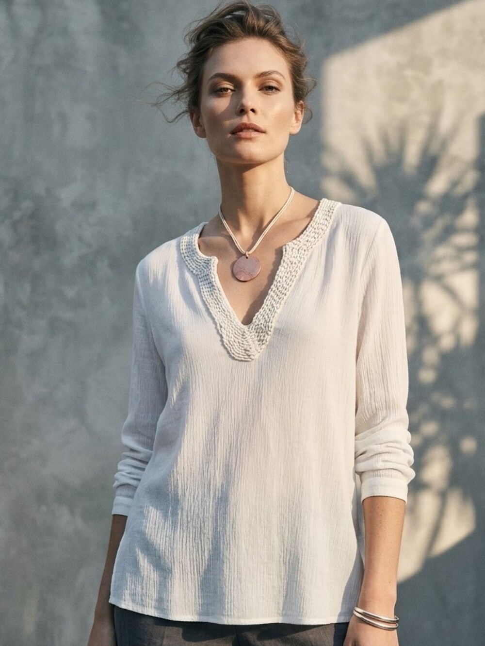 Beaded V-Neck Gauze Tunic Top Flowy Small Boho Coastal Lightweight